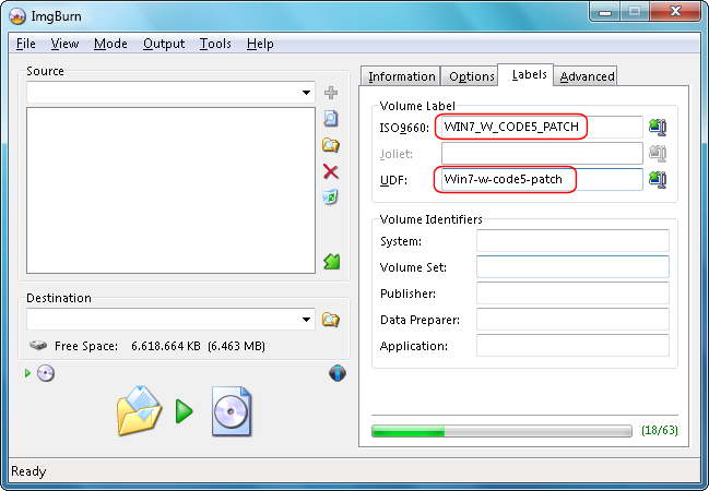 ImgBurn Code 5 Add volume label ISO9660 and UDF